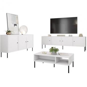 Conjunto de salón Charlotte T107, Blanco, MDF y Aglomerado Laminado, Partes Separadas con Mesa de TV y Equipo Adicional
