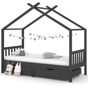 Cama infantil con cajones de madera maciza de pino gris oscuro 90x200 cm