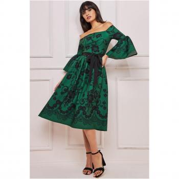 Goddiva Printed Off The Shoulder Midi Dress - Emerald Green - Size 12 UK