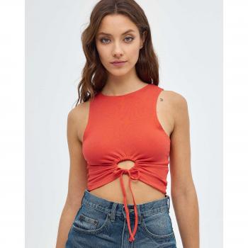 Camiseta crop slim sin mangas con cuello redondo, diseño cut out y lazo INSIDE