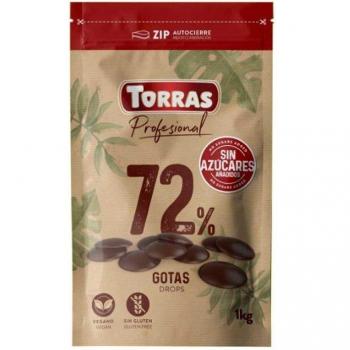 Torras Gotas de Cobertura de Chocolate Negro 72% Cacao Sin Gluten y Sin Azúcares Añadidos 1kg