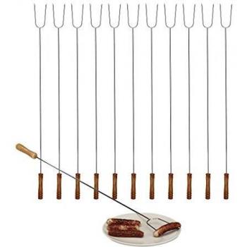 Pack de 12 Pinchos Barbacoa Extra Largos de Acero Inoxidable y Madera, 80 cm, Universales, Plateados y Marrón Natural