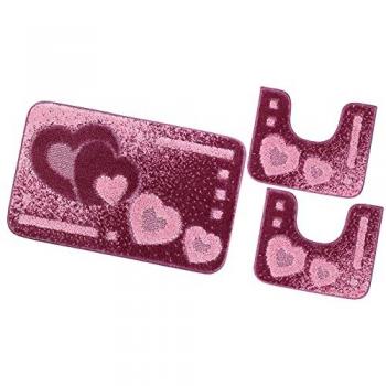 Juego de Alfombrillas de Baño 3 Piezas Corazones Suaves Antideslizantes Absorbentes Ducha 100% Hecho en Italia - Color Púrpura