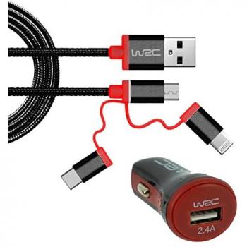 WRC Kit Cargador 3 en 1 Universal: Enchufe para Encendedor de Cigarrillos y Cable multipuntas, incluye cargador USB, cargador de coche y cable