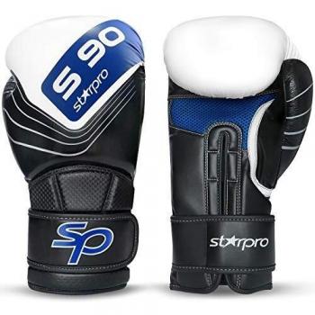Starpro S90 Guantes de Boxeo de Cuero PU para Entrenamiento Profesional y Sparring en Muay Thai Kickboxing Fitness - Hombres y Mujeres - Negro y Azul - 8 oz 10 oz 12 oz 14 oz 16 oz