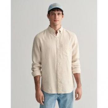 Men's Regular Fit Beige Houndstooth Linen Shirt