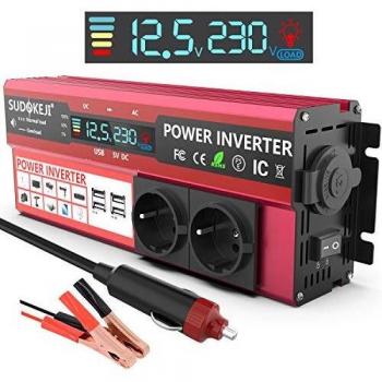 SUDOKEJI 1500W Inversor de Corriente DC 12V a AC 220V Convertidor de Automóvil con 12v Encendedor de Cigarrillos con 4 USB 2 AC Adaptador de Automóvil con Pantalla LCD