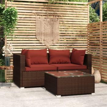 3-Piece Brown Poly Rattan Garden Sofa Set with Cushions