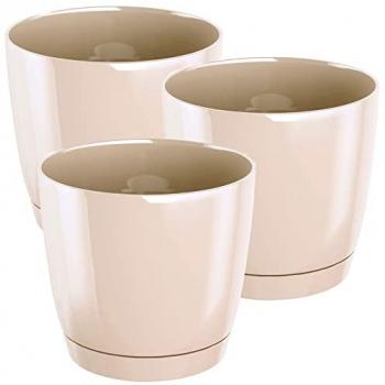 Set de 3 macetas redondas de plástico Coubi Round P en color crema, dimensiones 15,5 x 15,5 x 14,2 cm