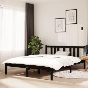Cama doble de madera maciza negra 135x190 cm