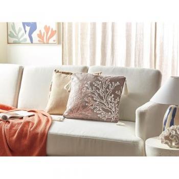 Cojín Decorativo Cuadrado de Terciopelo Taupe 45 x 45 cm con Motivo Coral Marino y Relleno de Poliester