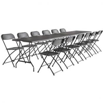 Lote de 2 mesas de recepción plegables de plástico con 12 sillas, Fiesta, Gris Oscuro, 180x69.5x73.5 cm