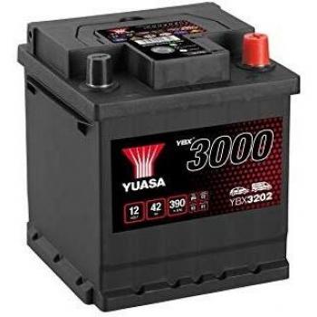 Batería Yuasa YBX3202 SMF 12V 40Ah 390A Tipo T1 para vehículos Ford, Fiat, Opel, Alfa Romeo, Lancia, Citroën/Peugeot, Toyota, Skoda y SE