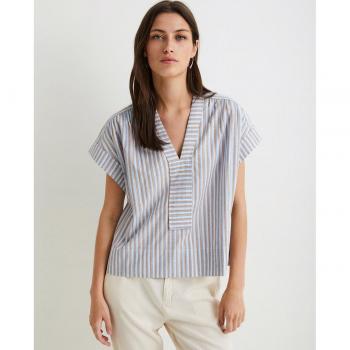 Camisa de mujer de algodón de manga corta y escote pico