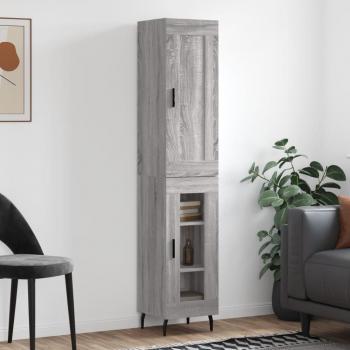 Aparador alto de madera contrachapada gris Sonoma 34,5x34x180 cm con 1 puerta de cristal, mueble de almacenaje para salón