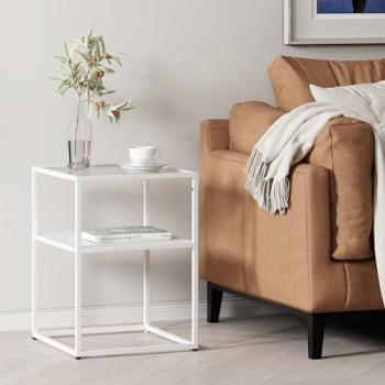 Mesa Auxiliar Solund Multifuncional con Estante de Acero y Cristal Templado 55x40x40 cm - Blanco Mate