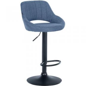 Taburete de bar regulable y giratorio en tela azul con base metálica, modelo Milet