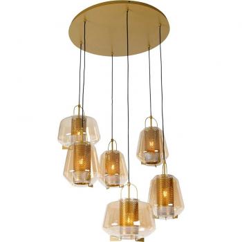 Lámpara colgante art deco dorada con vidrio ámbar 6 luces - Kevin, QAZQA Lámpara colgante vidrio oro/latón 90 x 150 (cm)