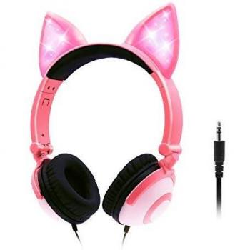 ONTA Auriculares para Niños con LED Brillante De Gatos Monos para Oído, Plegable, Cancelación De Sonido y Ajustables, Auriculares De Pequeños para Niños y Niñas