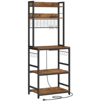 Estante de Cocina con Regleta de Enchufes, Soporte para Microondas, 5 Estantes, 14 Ganchos, Ajustable, 40 x 80 x 170 cm, Marrón