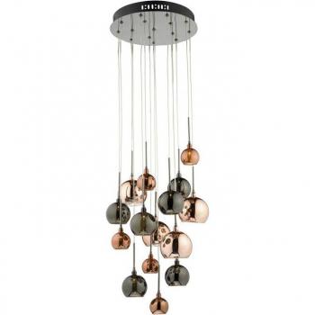 Lámpara colgante Aurelia cromo negro pulido y multicolor 15 bombillas G4 con pantallas de vidrio de cobre y bronce