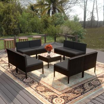 9-Piece Black Poly Rattan Garden Lounge Set with Cushions