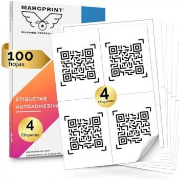 Etiqueta Adhesiva A4 MARCPRINT - 100 Hojas - Autoadhesivas para Impresoras de Láser y Tinta - 105 x 148 mm (4 Etiquetas por Hoja)