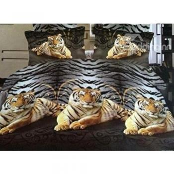 Vigoroso crouches tigres impresión poliéster 4 piezas funda de edredón de conjuntos