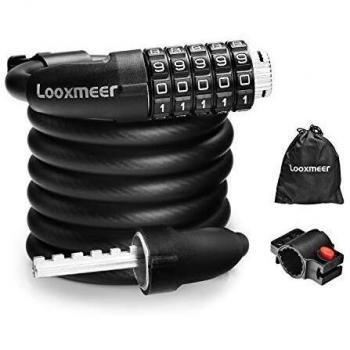 Looxmeer Candado de Bicicleta, Candado de Cable Combinación para Bicicleta con 5 Dígitos, Cadena Antirrobo Flexible, Alta Seguridad para Bicicleta y Moto al Aire Libre, Negro 180cm