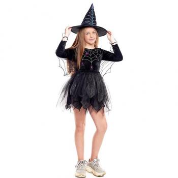 Disfraz de Bruja Infantil con Telaraña Negra y Capa para Fiestas, Halloween, Carnaval y Teatro