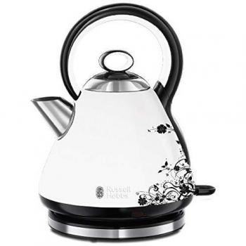 Russell Hobbs Hervidor de Agua Eléctrico Legacy Floral - 2400 W, 1,7 litros, Acero Inoxidable, Filtro Extraíble, Blanco y Negro - 21963-70