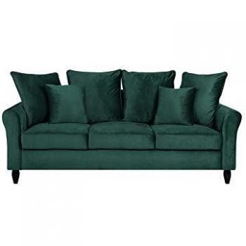 Sofá de Terciopelo Verde Esmeralda de 3 Plazas con Cojines Decorativos y Estructura de Madera Maciza Bornholm
