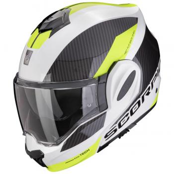 Scorpion Casco Modular EXO-TECH EVO Blanco-Amarillo con diseño aerodinámico, sistema de ventilación ajustable, visera solar retráctil, interior desmontable y lavable, homologación DOT/ECE, peso ligero