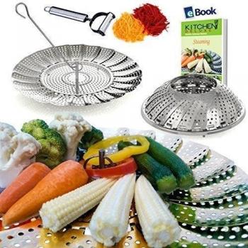 Cesta del vapor de verduras por la Kitchen Deluxe - Mejor Bundle - 100% de primera calidad de acero inoxidable - Bonus 2 en 1 ultra agudo Julienne Peeler Veggie Gadget y utensilios de gancho - Olla de presión mascotas - Se adapta a diversos tamaños de o