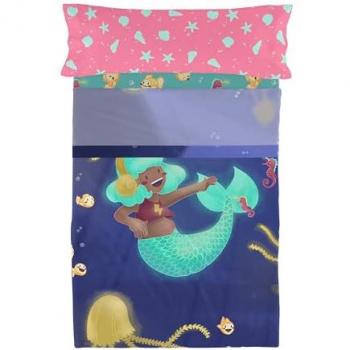 Juego de Sábanas 2 Piezas Happy Mermaid Multicolor 100% Algodón Cama 105 (180x270 cm) Calidad 150 TC Fabricado en España