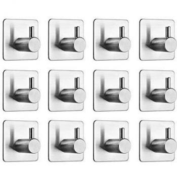 Auxmir 12 Piezas Ganchos Adhesivos de Acero Inoxidable 304, Soporte de Pared para Toallas, para Cocina y Baño, Cinta Adhesivo 3M, Plata
