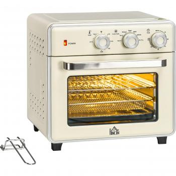 Mini Horno Eléctrico 20L 7 en 1 con Aire Circulante, Temporizador de 60 Min, Freidora de Aire, Bandeja y Cesta para Freír, 1400W, Color Crema