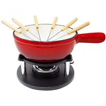 Set de Fondue de Hierro Fundido 1.5L con Calentador y 6 Tenedores - Color Rojo