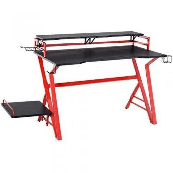HOMCOM Mesa Gaming Ergonómica 120 cm Escritorio Gaming Desk para Computadora PC con Estantes de Monitor y Ganchos para Auriculares Fibra de Carbono 168x66x92,5 cm Negro y Rojo