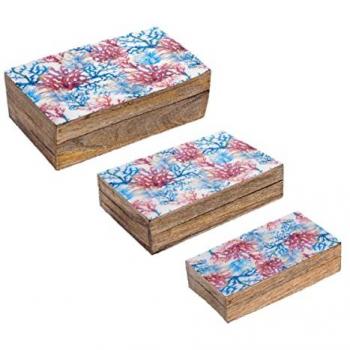 Caja de Almacenamiento Azul de Madera con Tapa - Set de 3 Cajas Corales 9x18x26cm