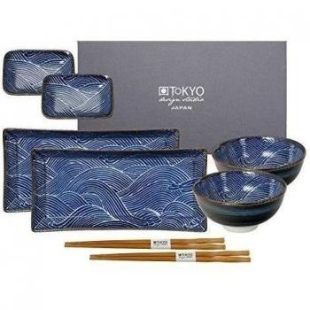 Tokyo Design Studio seigaiha Blue Sushi Juego completo - 8 piezas - para 2 personas - 2 Plato para sushi, incluye 2 Dip cuencos, 2 Cuencos de porcelana 2 pares.Palillos de bambú - para microondas y lavavajillas - En Caja De Regalo
