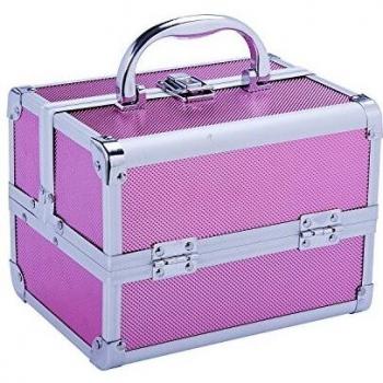 HOMCOM Maletín Maquillaje Profesional Estuche de Cosmético Portátil con Bandejas de 3 Niveles y Espejo 2 Llaves para Joyero Manicura Viaje 15x15x20 cm Rosa