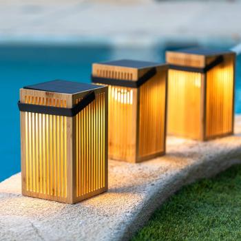 Lámpara de Mesa Solar Portátil Okinawa Newgarden LED con Asa, Batería Recargable y Mando a Distancia, Exterior e Interior, Fibra de Bambú