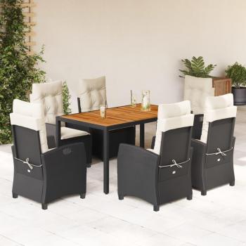 7-Piece Black Poly Rattan Garden Dining Set with Cushions