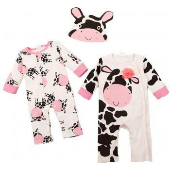 Happy cherry - Ropas para Bebés Pijamas Enteros de 3 Pcs Monos Trajecitos de Algodón Disfraces Animales 2 pcs Pijamas + 1 pcs Gorrita - Vaca - Talla 9-12 meses