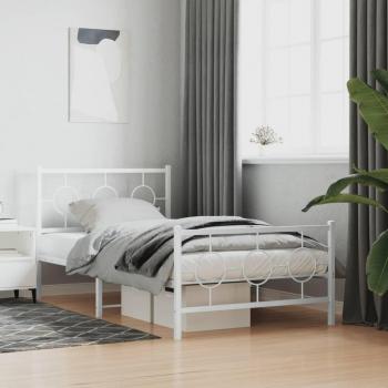 Cama pediátrica con pata redonda y cabecera de metal blanca, dimensiones 100x200 cm, estructura sin colchón y estribo