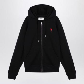 Ami Paris Men's Black Zip Hoodie with Heart Logo - Size Small