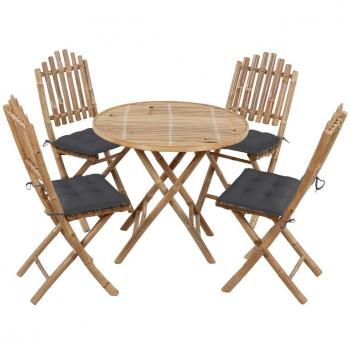 vidaXL Juego de comedor de jardín plegable con cojines 5 piezas bambú