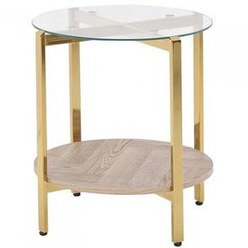 Mesa auxiliar moderna Lovell con tablero de vidrio templado, estructura de metal, 1 estante de madera clara y acabado dorado