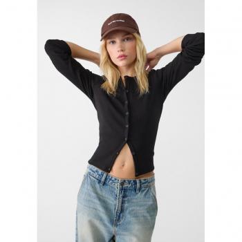 Stradivarius Black Long Sleeve Button T-Shirt XS